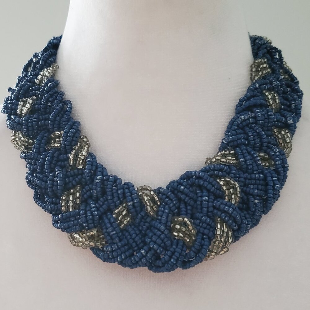 EXQUISITE Multi Strand Beaded Chunky Choker Necklace Blue & Silver Woven Design